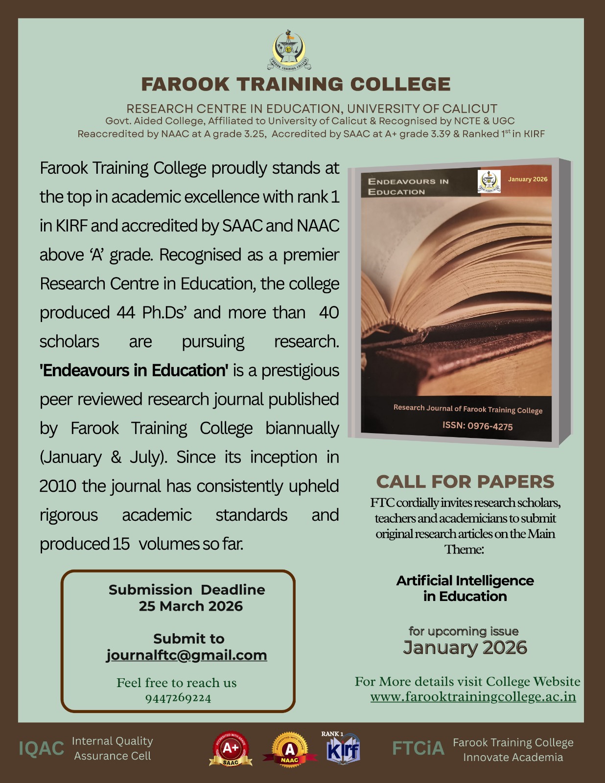 Call for Papers: Articles are invited for publication in the upcoming issue of the College Journal.